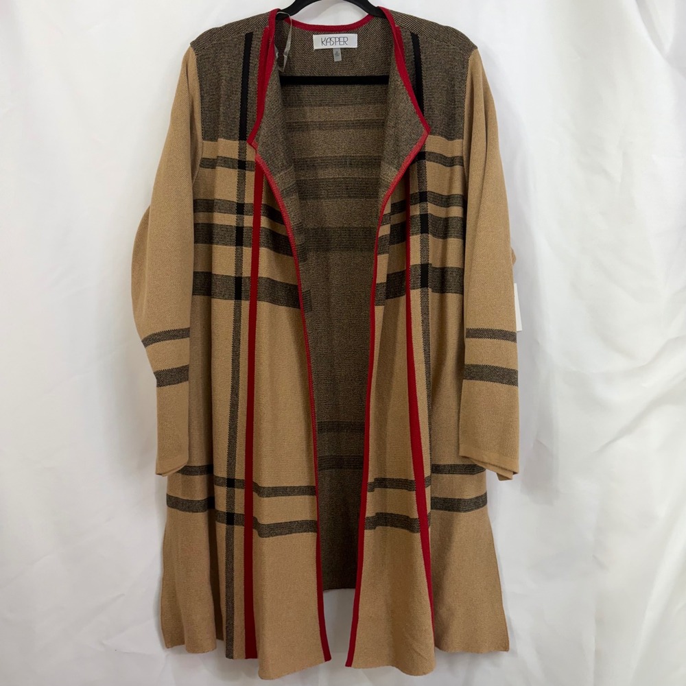 Kasper Women's Plus‎ Size 2X Camel Plaid Open Front Long Cardigan Sweater NWT - Picture 2 of 9